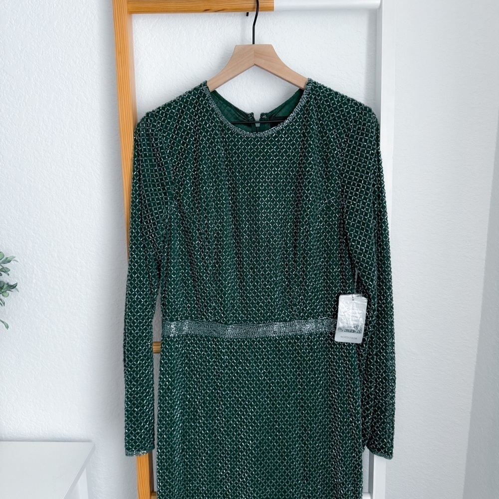 Mac Duggal Evening 5056 Long Sleeve Beaded High Slit Gown Green Beaded NEW - Picture 6 of 14